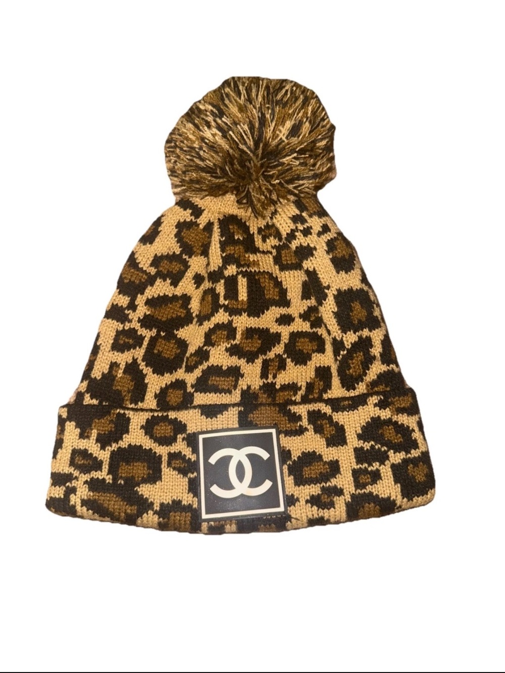 Leopard Print Pom-Pom Beanie with CC (Chanel) Logo Patch - Picture 1 of 4